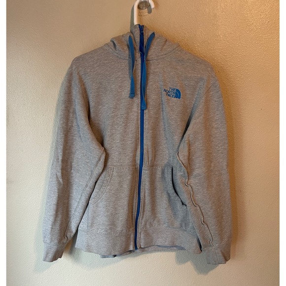 The North Face Full Zip Hoodie Gray Blue Logo Women's Large Pullover - Picture 1 of 6
